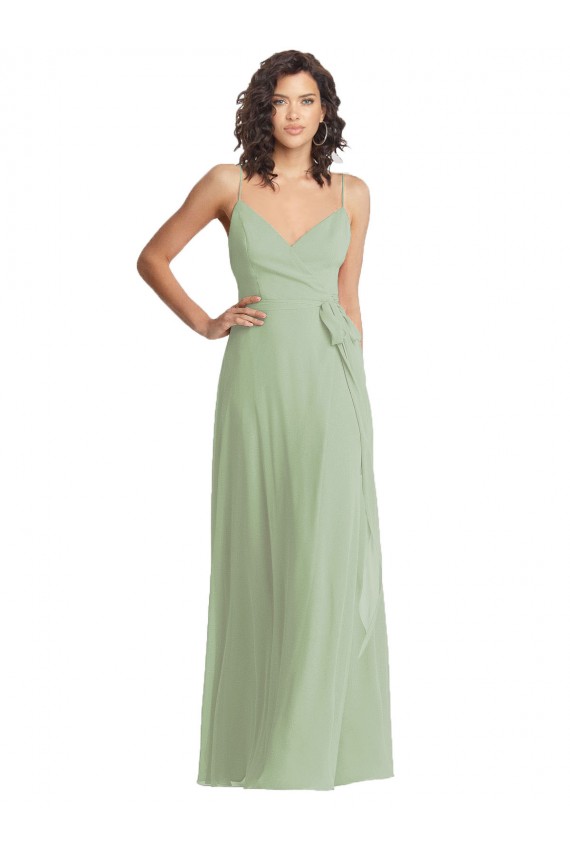 Boutique Vert fumée Trompette Bretelles spaghetti Col V Mousseline Longue Formelles Robes demoiselle d'honneur / Robes de soirée