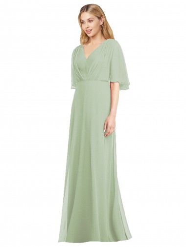 Boutique Vert fumée Trompette Col V Mousseline Longue Robes demoiselle d'honneur