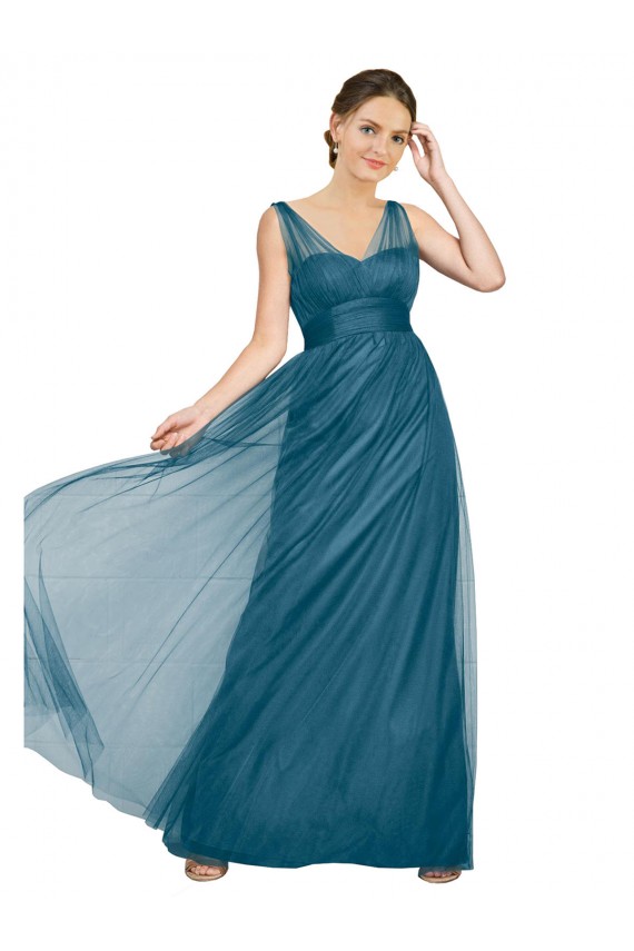 Boutique Vert sarcelle Trapèze Col V Tulle Longue Robes demoiselle d'honneur