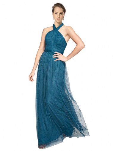 Boutique Vert sarcelle Trapèze Licou Col Haut Tulle Longue Robes demoiselle d'honneur
