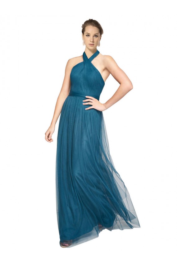 Boutique Vert sarcelle Trapèze Licou Col Haut Tulle Longue Robes demoiselle d'honneur