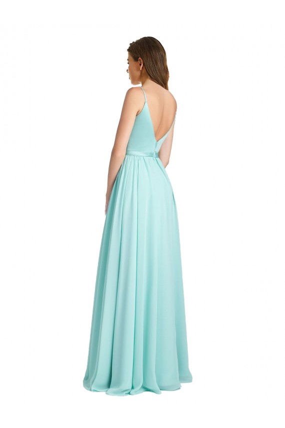 Boutique Waterfall Trapèze Col V Mousseline Satiné Longue Robes demoiselle d'honneur